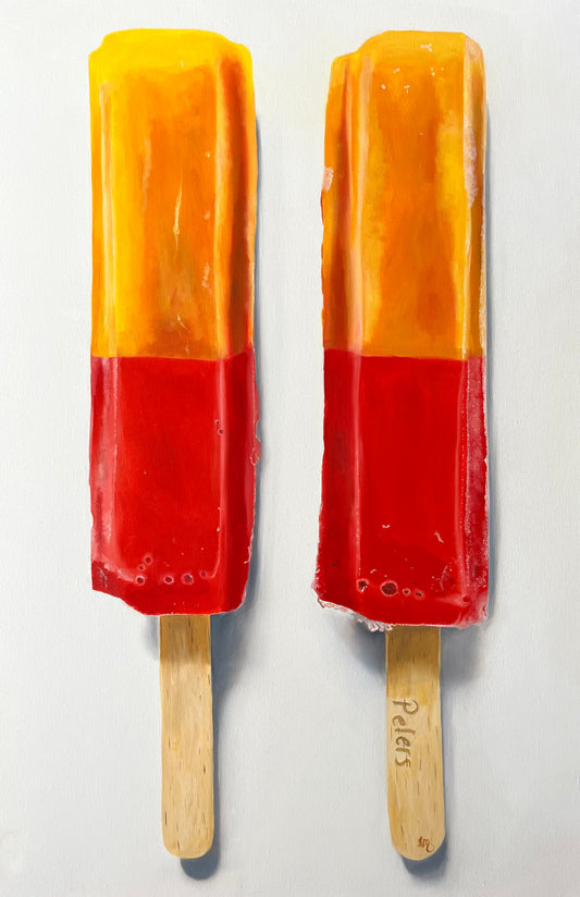 A painting of a twin poles icypole red and orange colors on a white background, with the classic Peters logo etched on the stick.