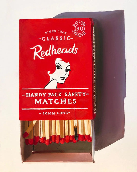 Realistic painting of a classic Redheads matchbox with red safety matches inside