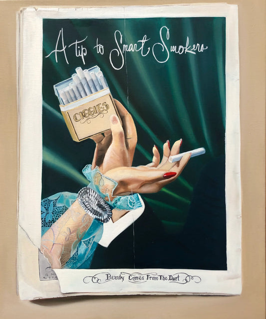 Pop art painting of a hand holding a cigarette and a pack labeled 'CIGGIES', retro style.