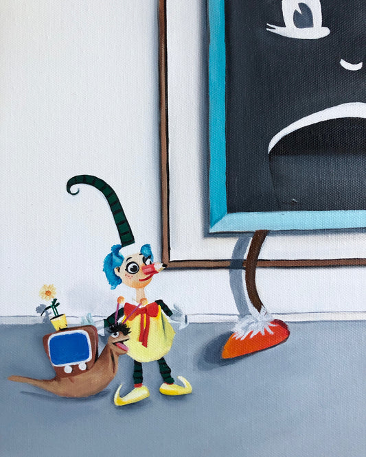 Whimsical pop art painting with a cartoon clown, TV snail, and animated chalkboard.