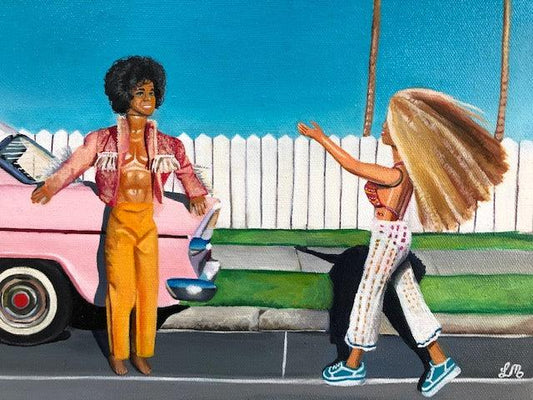 Pop art painting of two retro dolls meeting on a street with a pink vintage car and picket fence