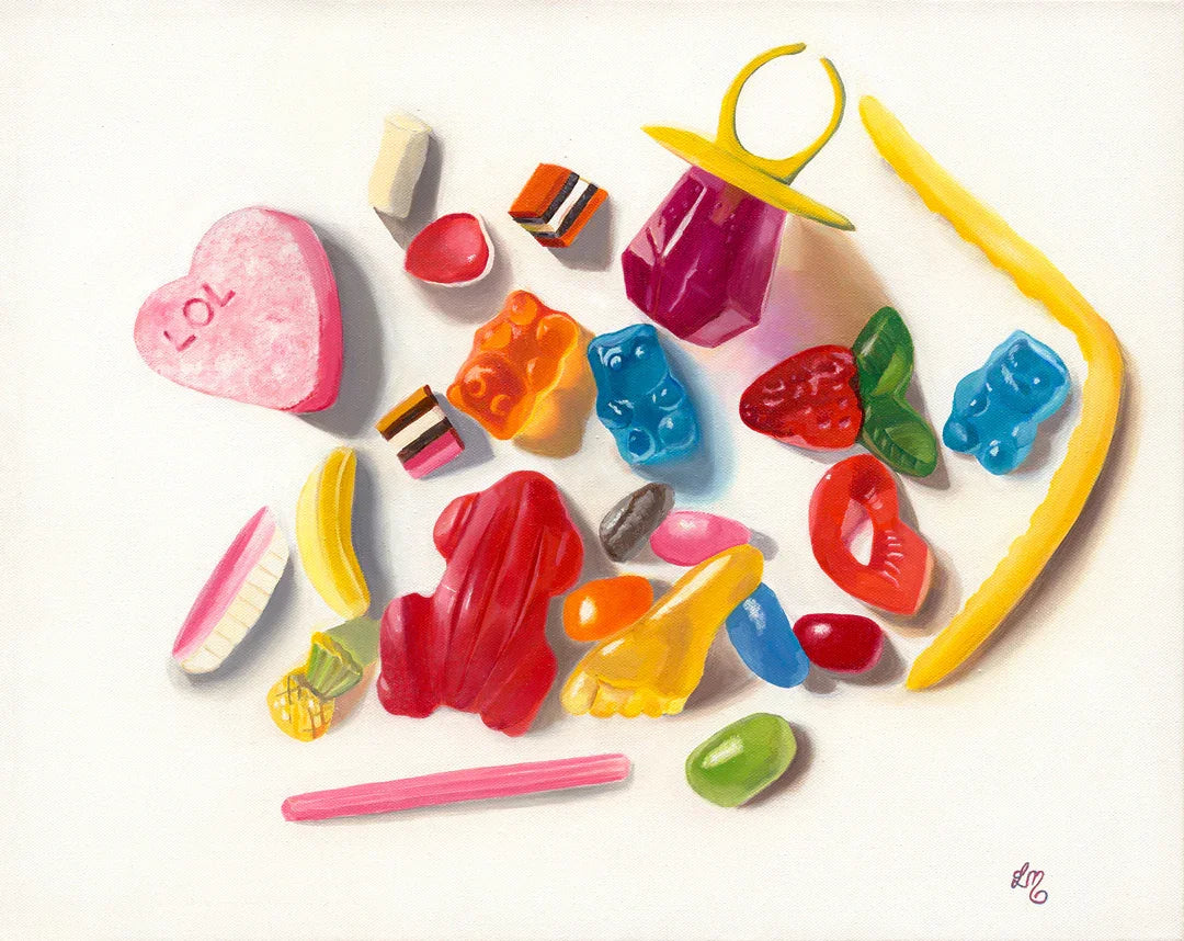 Realistic pop art painting of colorful assorted lollies and gummies on white background