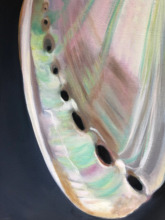 Realistic pop art painting of an abalone shell with pastel colors and iridescent details