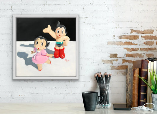 Pop art painting of two retro toy figures, one in pink dress, one in red boots, on a wall