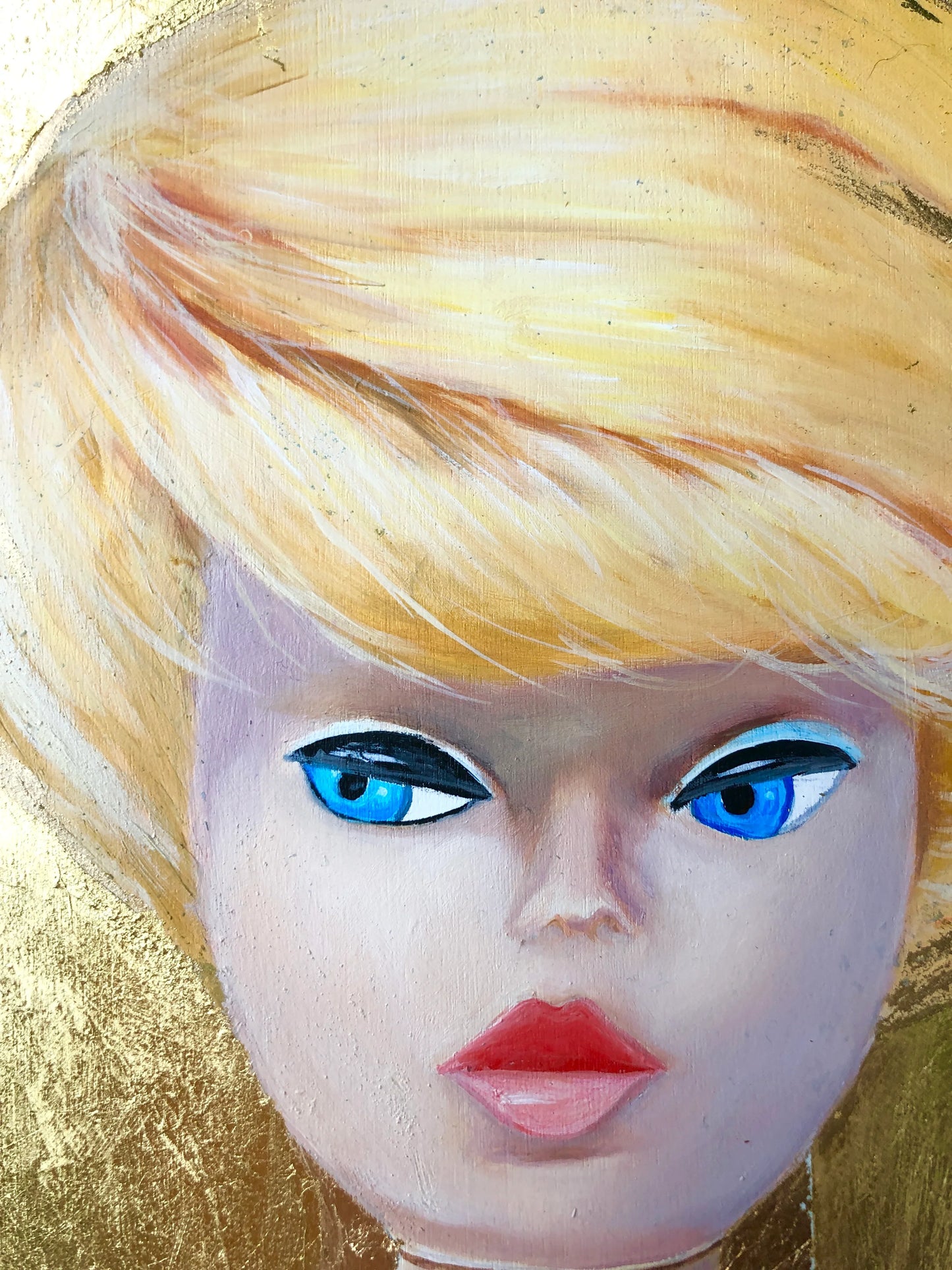 Realistic pop art painting of a blonde doll face with blue eyes and red lips on gold background
