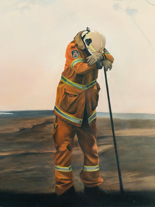 Realistic painting of firefighter in orange gear resting on a stick against a smoky landscape