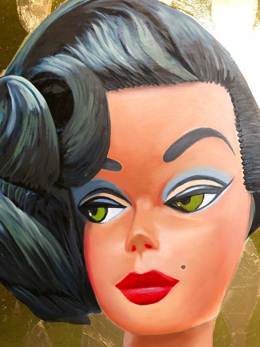 Closeup of realistic pop art painting of retro doll face with dark hair, bold makeup and gold background.