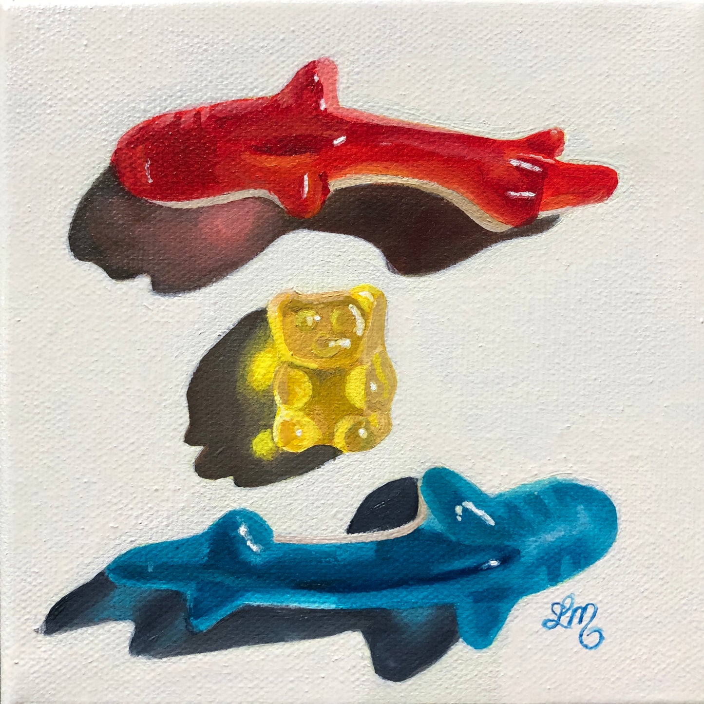 Colorful pop art painting of red and blue gummy sharks with a yellow gummy bear on canvas