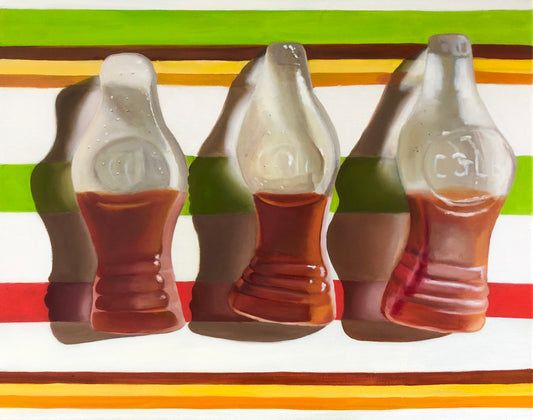 Realistic pop art painting of three cola lolly candies with colorful striped background
