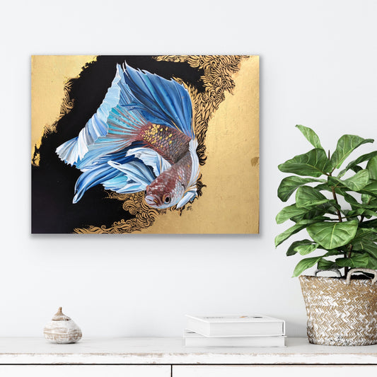Realistic betta fish painting with blue fins on gold and black pop art background, wall decor
