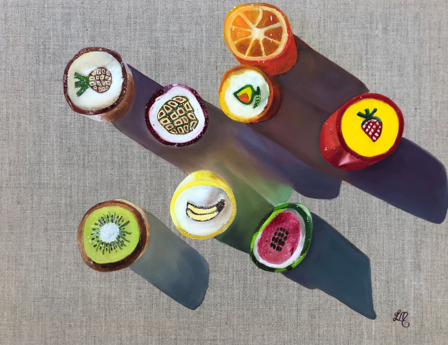 Realistic pop art painting of assorted fruit slice lollies casting colorful shadows on linen.