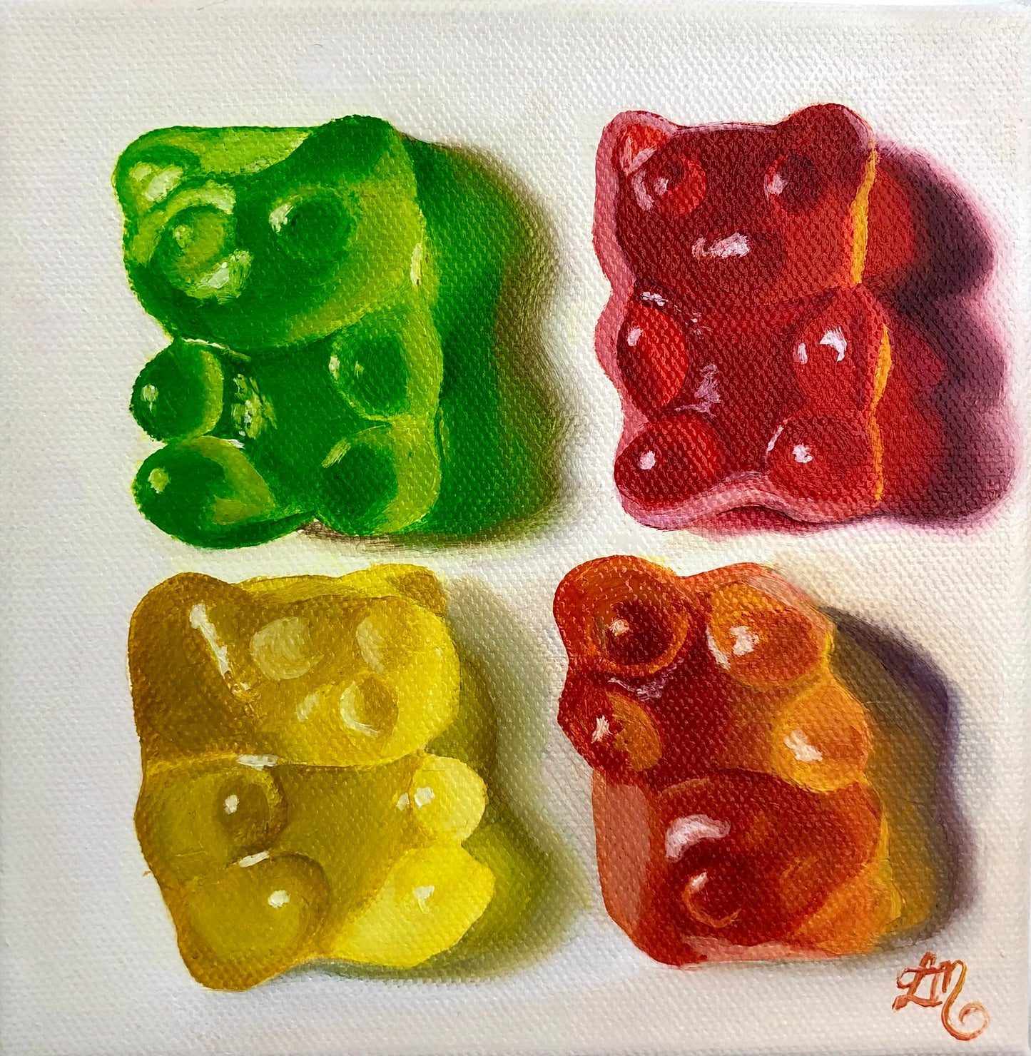 Realistic pop art painting of four colorful gummy bear lollies on white canvas