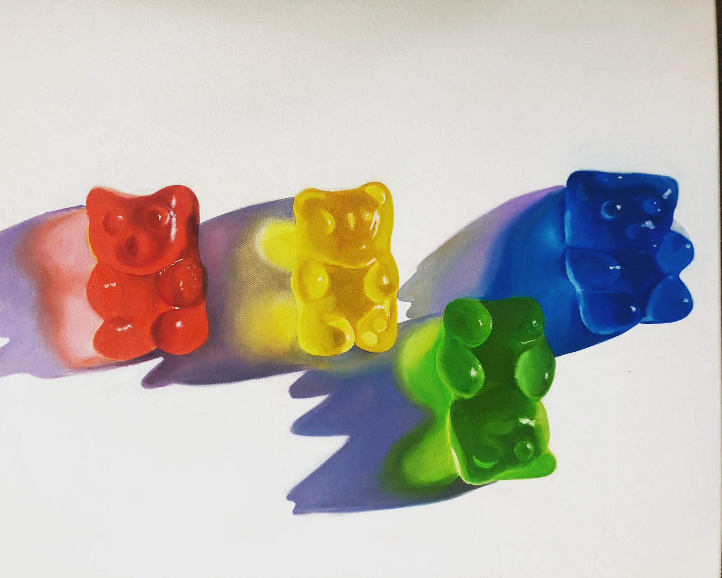 Realistic pop art painting of colorful gummy bears casting vibrant shadows