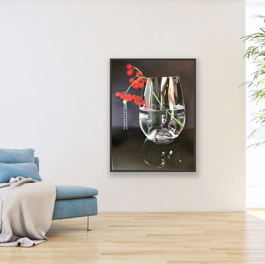 Framed pop art painting of a glass of water with red cherries and miniature figures, modern decor