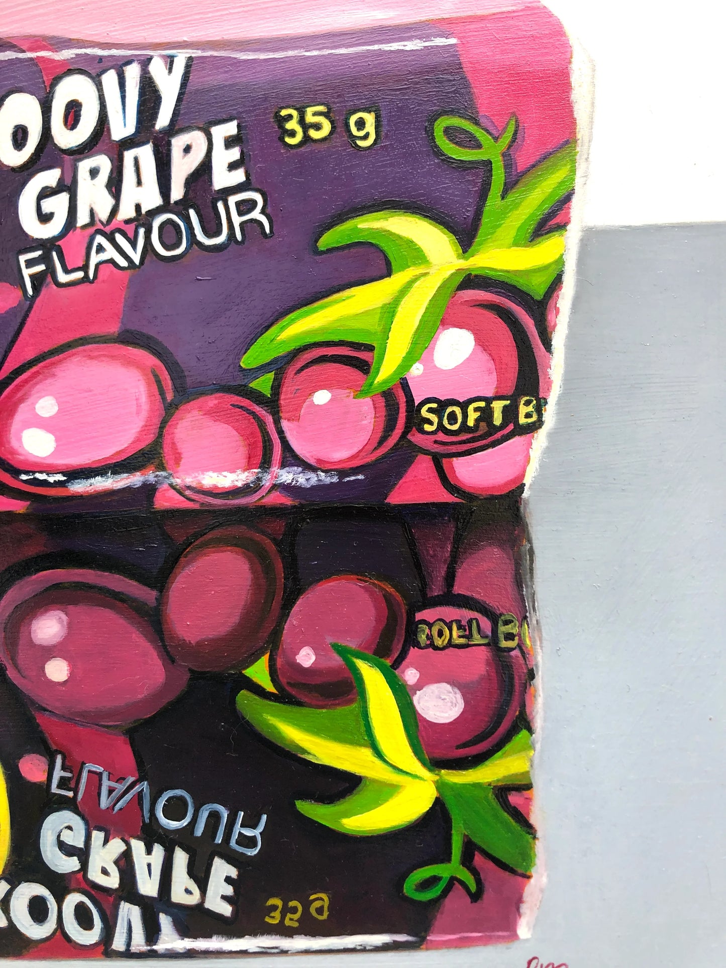 Realistic pop art painting of a purple candy wrapper with grape illustration and bold text