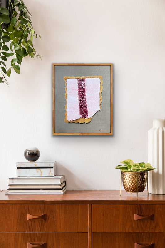 Realistic pop art painting of an Iced VoVo biscuit in a modern home interior setting