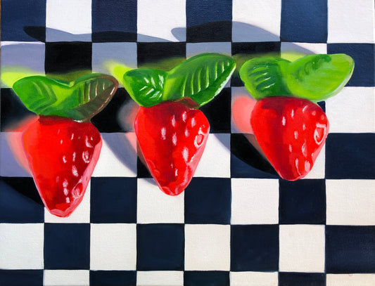 Realistic pop art painting of three gummy strawberries on a black and white checkerboard