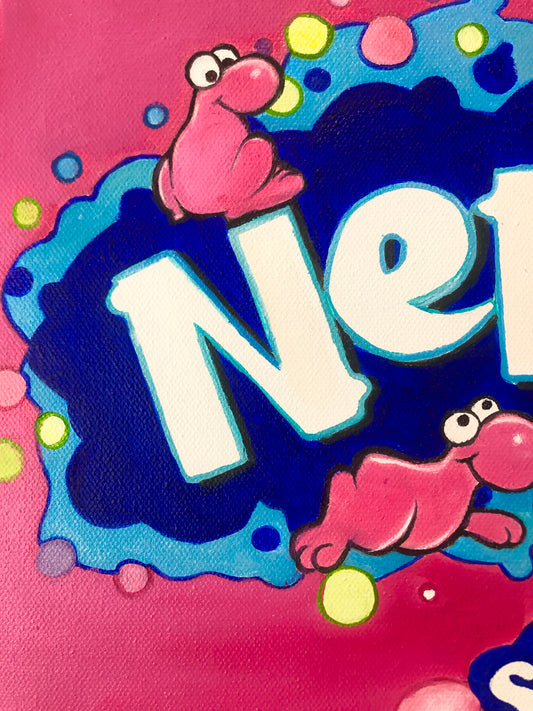 Pop art painting with pink cartoon frogs, bold letters, and colorful candy-inspired dots