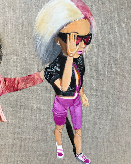 Pop art painting of a doll with white and pink hair, sunglasses, and pink shorts