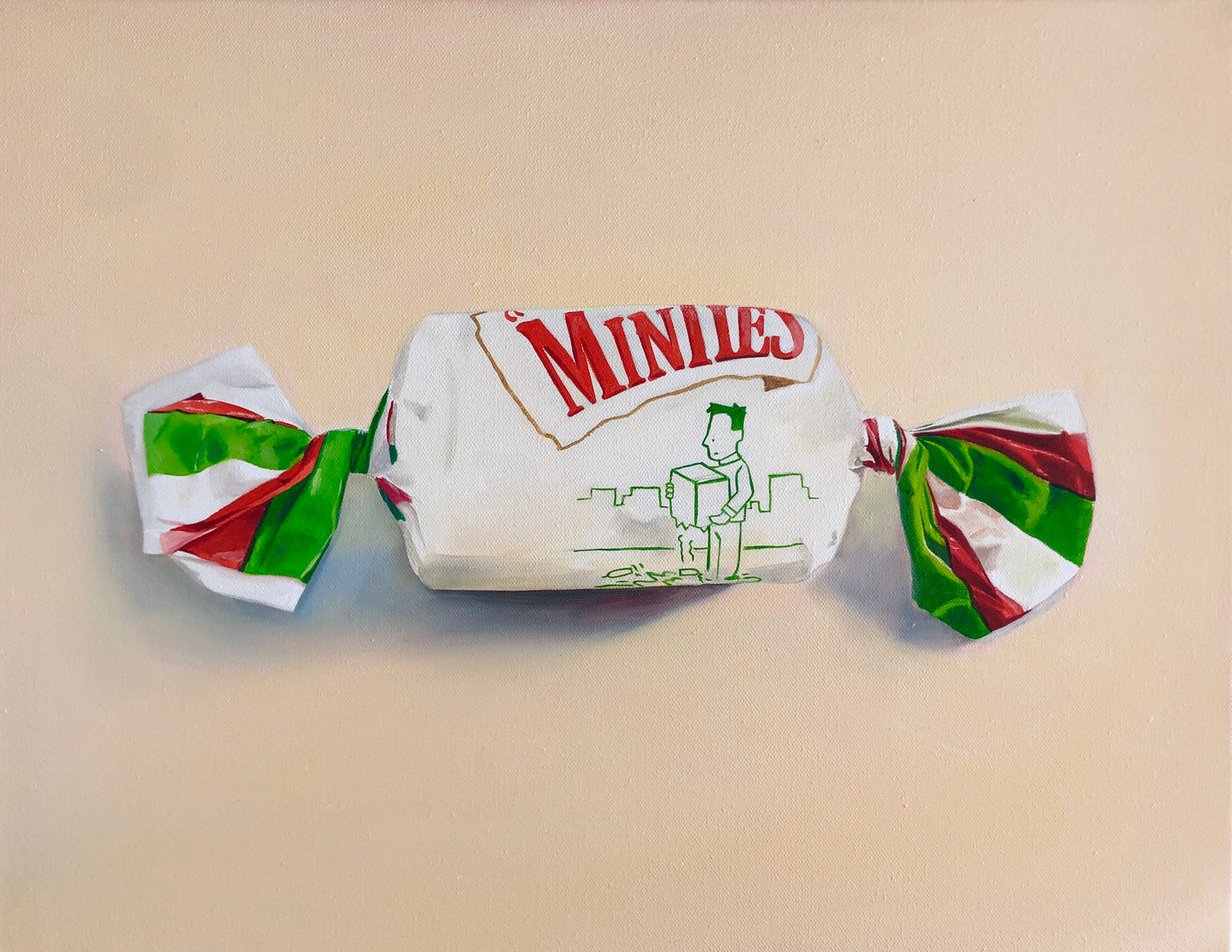 Realistic pop art painting of a wrapped Minties lolly with green and red accents
