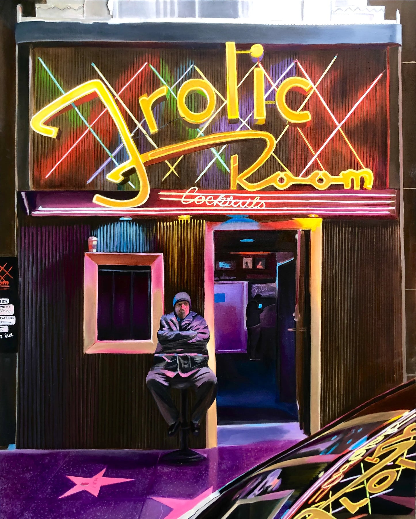 Realistic pop art painting of a neon-lit bar entrance with seated figure and vivid colors