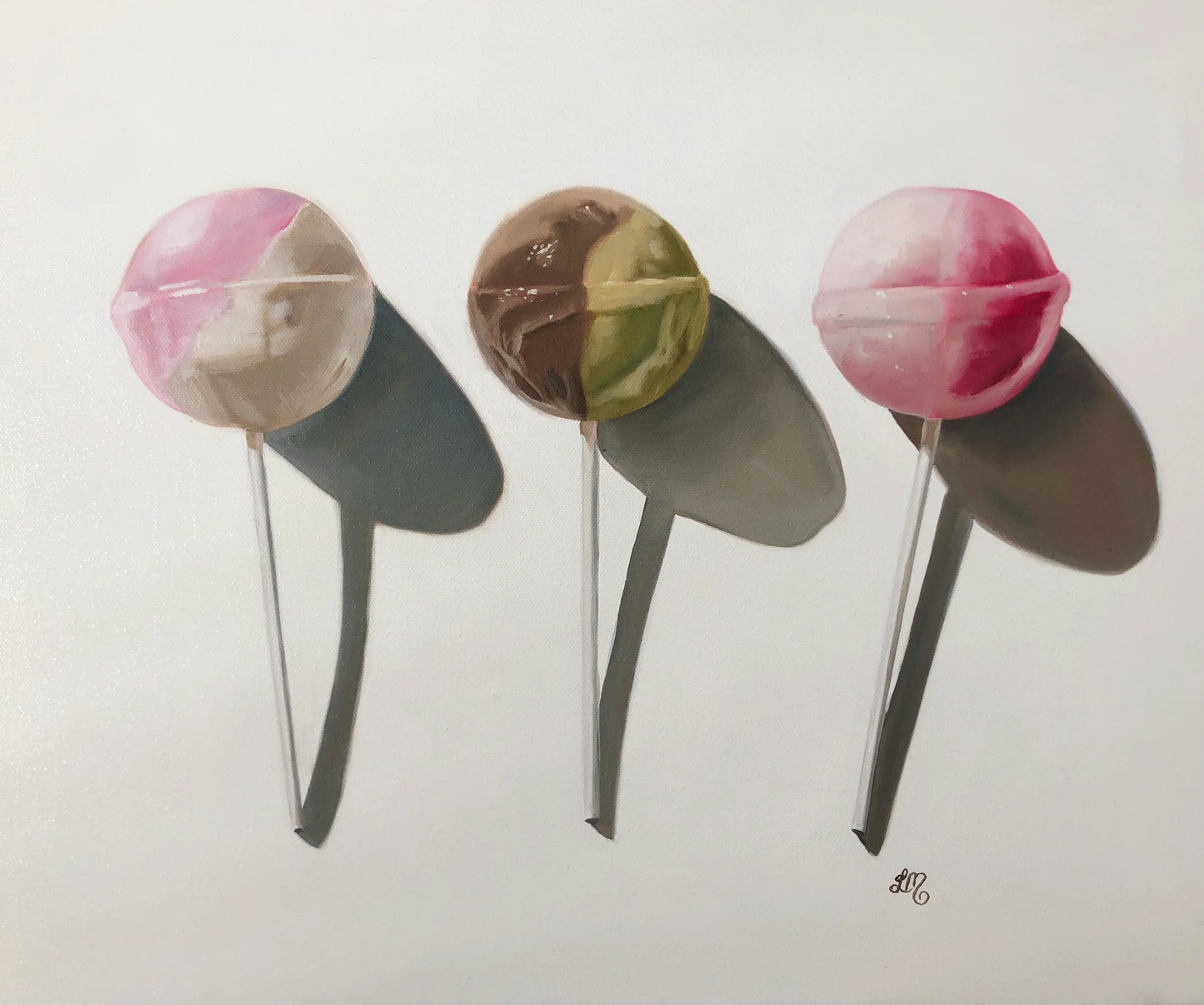 Realistic pop art painting of three colorful lollipops casting shadows on white background