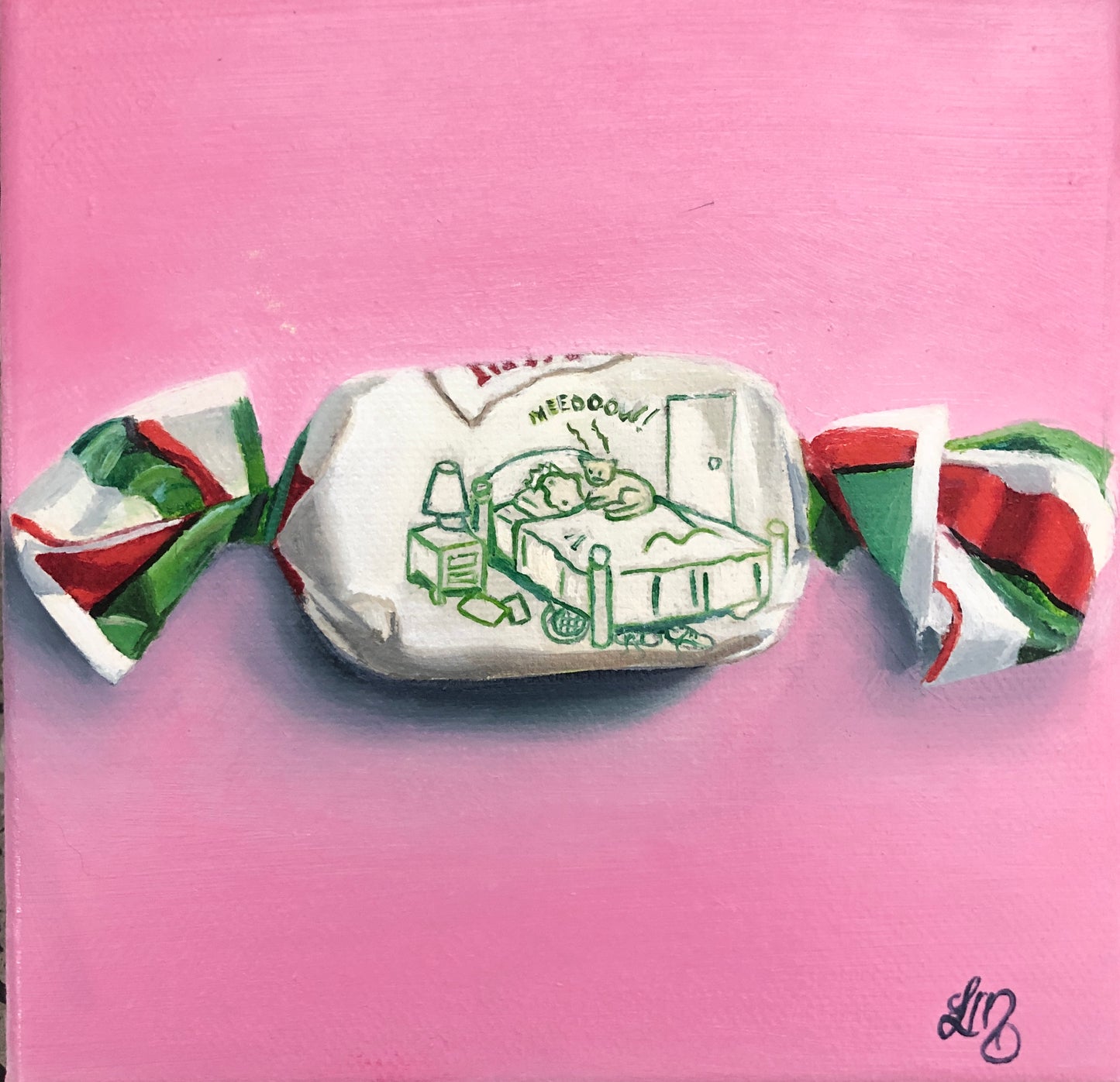 Realistic pop art painting of mint candy with illustrated cat on white wrapper, pink background