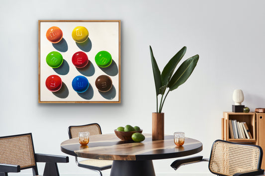 Colorful pop art painting of round candy in a tic-tac-toe grid, modern dining room decor