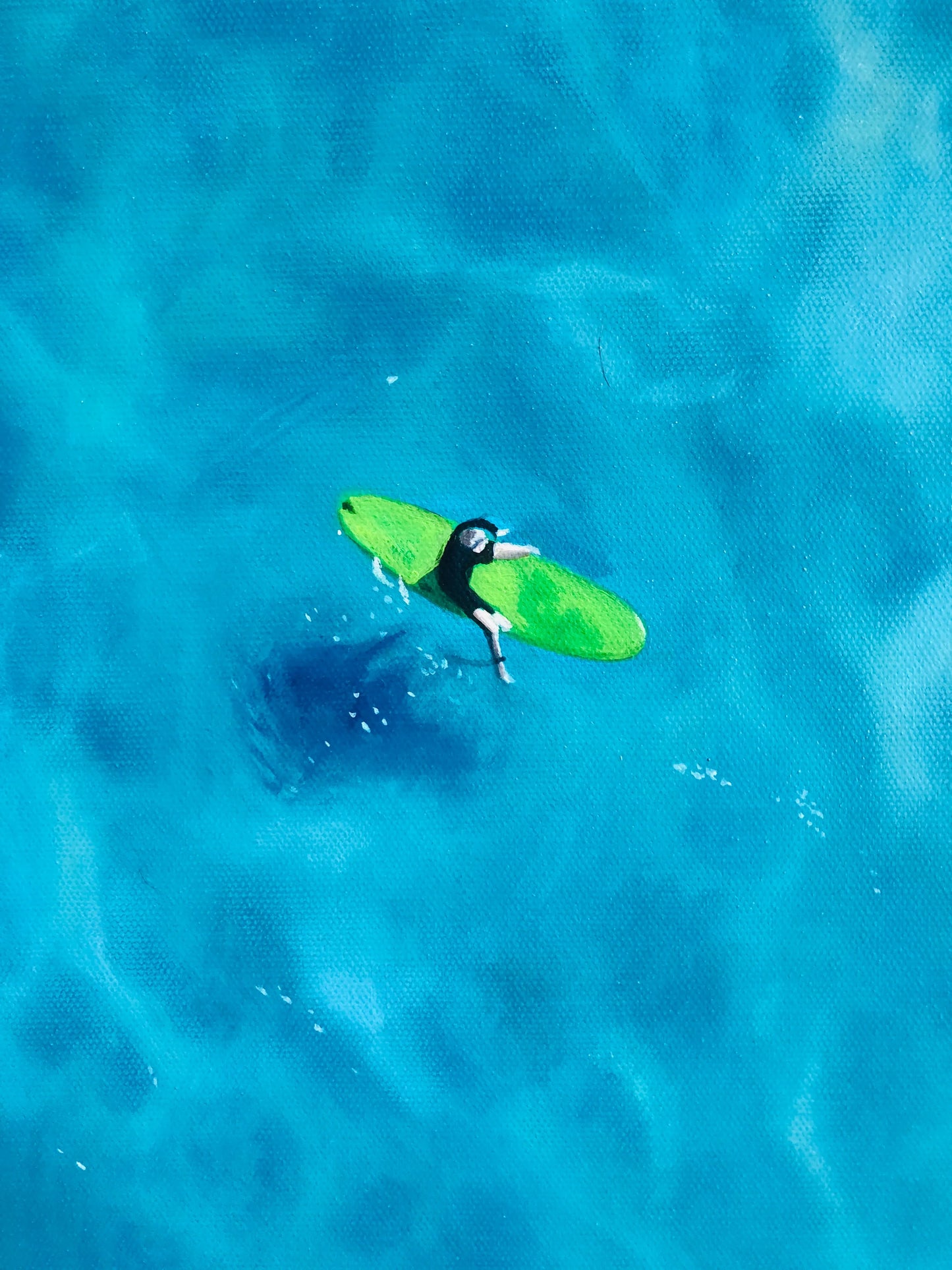 Pop art painting of a surfer with green surfboard in vibrant blue ocean water