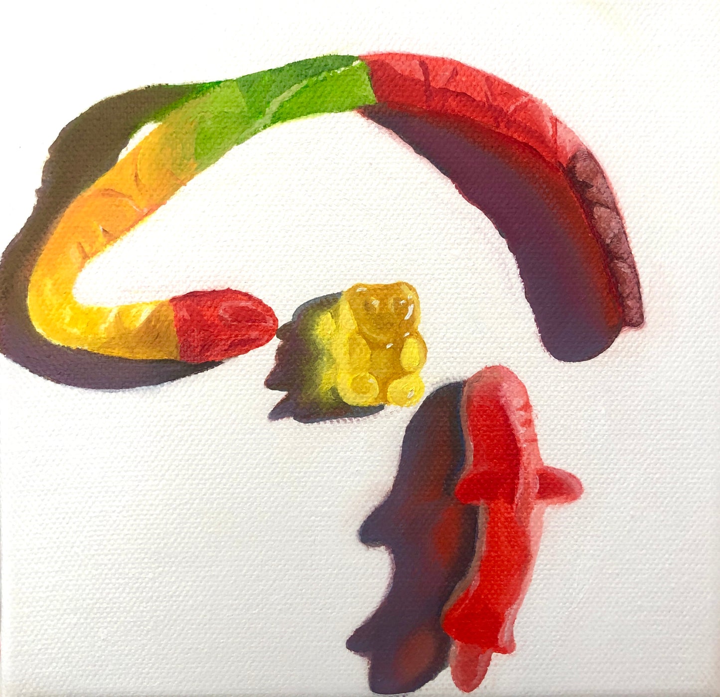 Realistic pop art painting of colorful gummy snake, gummy bear, and gummy shark on white canvas