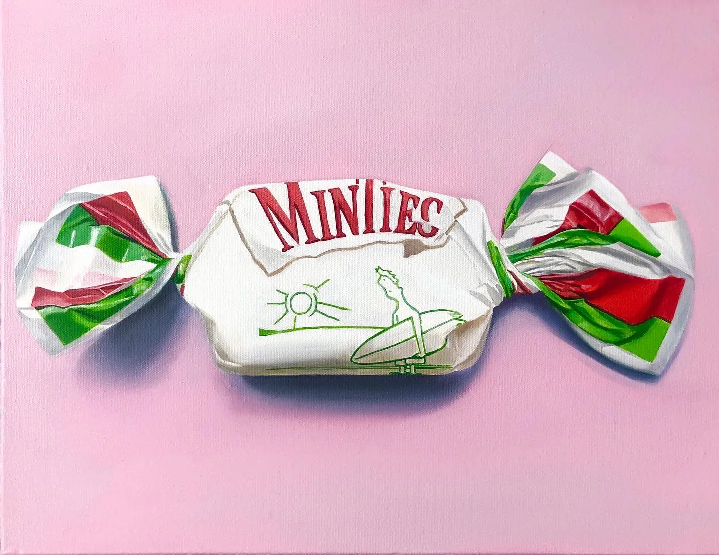 Realistic painting of a wrapped Minties lolly on a pastel pink background, pop art style