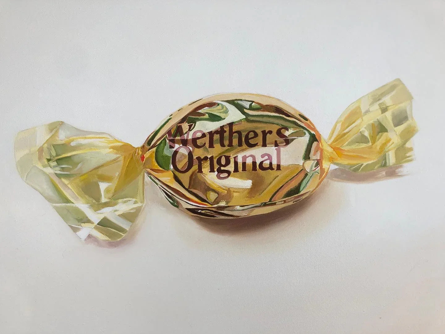 Realistic painting of Werther's Original candy in golden wrapper on white background