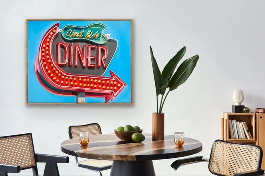Pop art painting of retro West Side Diner neon sign in modern dining room setting