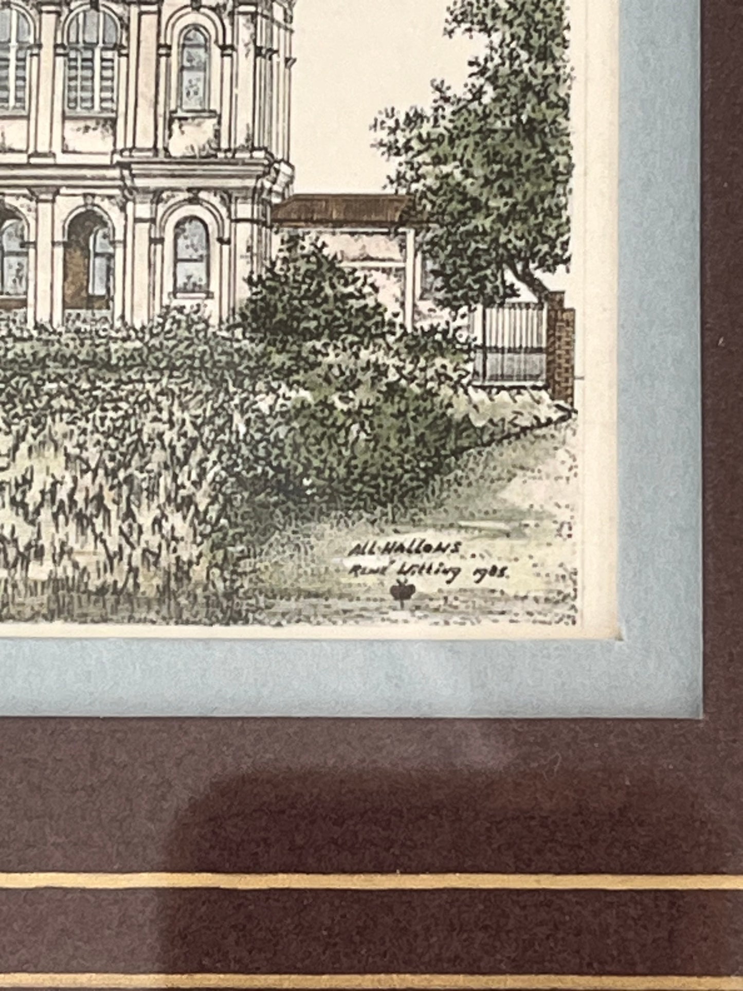 Original Vintage Rene’ Witting Hand-Coloured Linocut Print – "All Hallows' School" (1988)