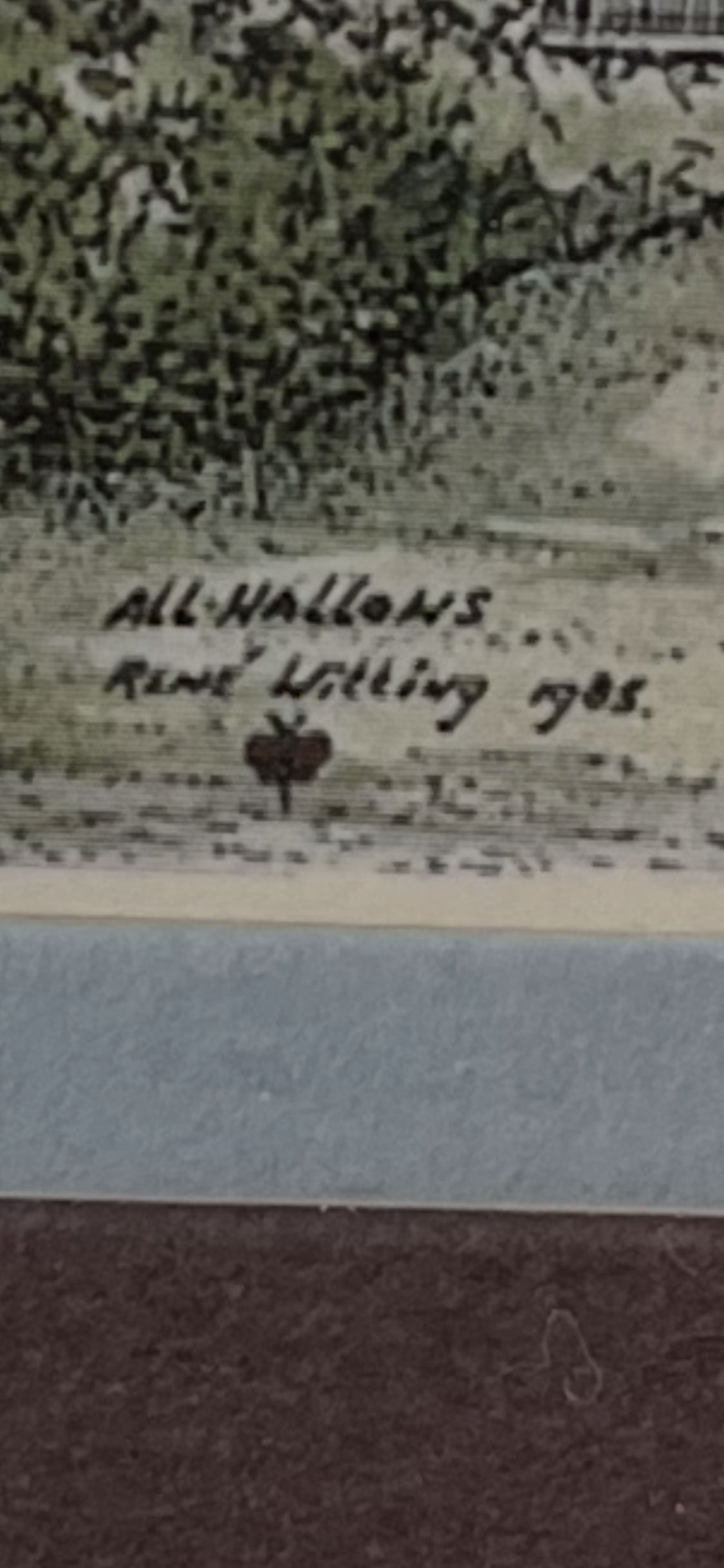 Original Vintage Rene’ Witting Hand-Coloured Linocut Print – "All Hallows' School" (1988)