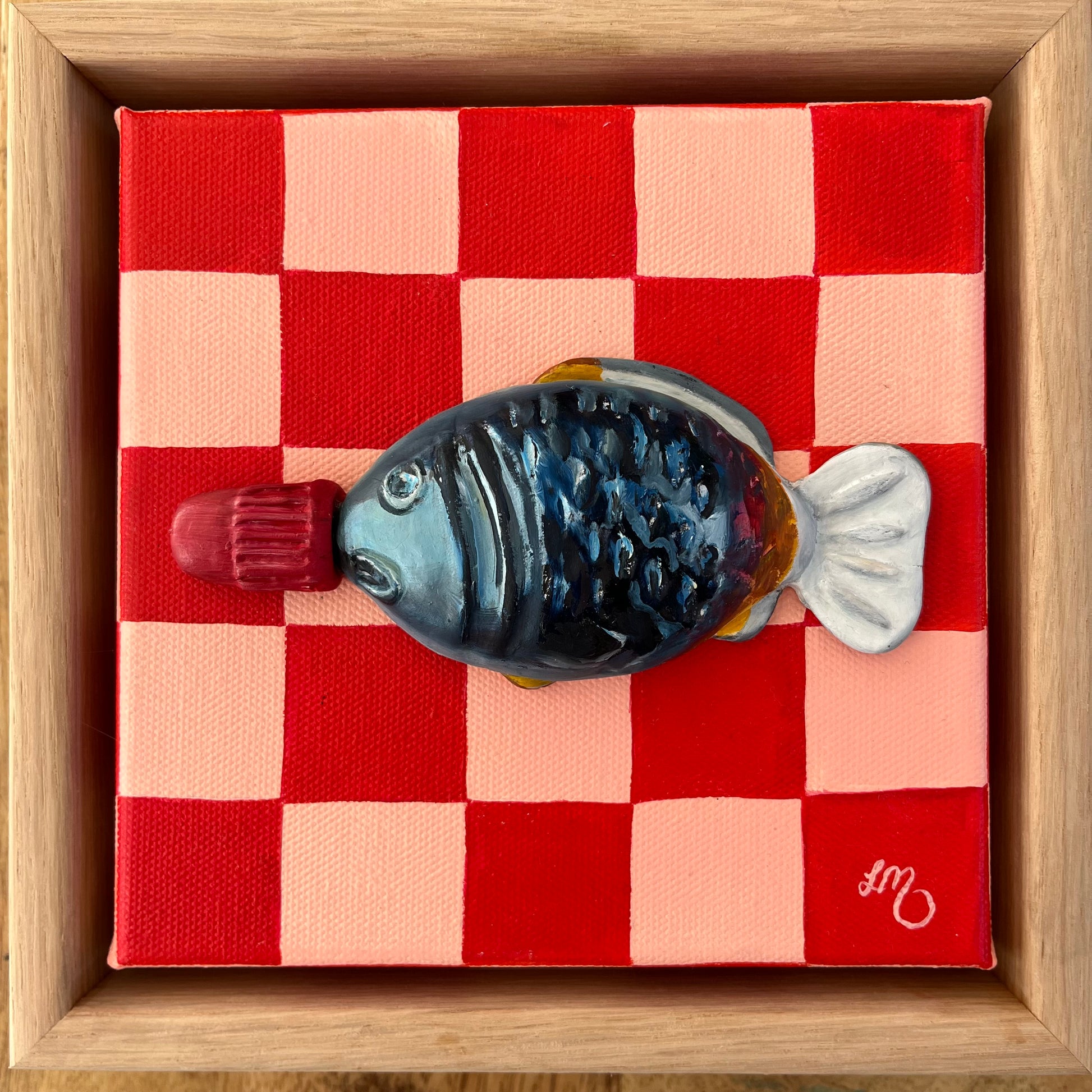 3D pop art soy sauce painting on red and pink checkered background by Australian artist Leonie Mcntosh 