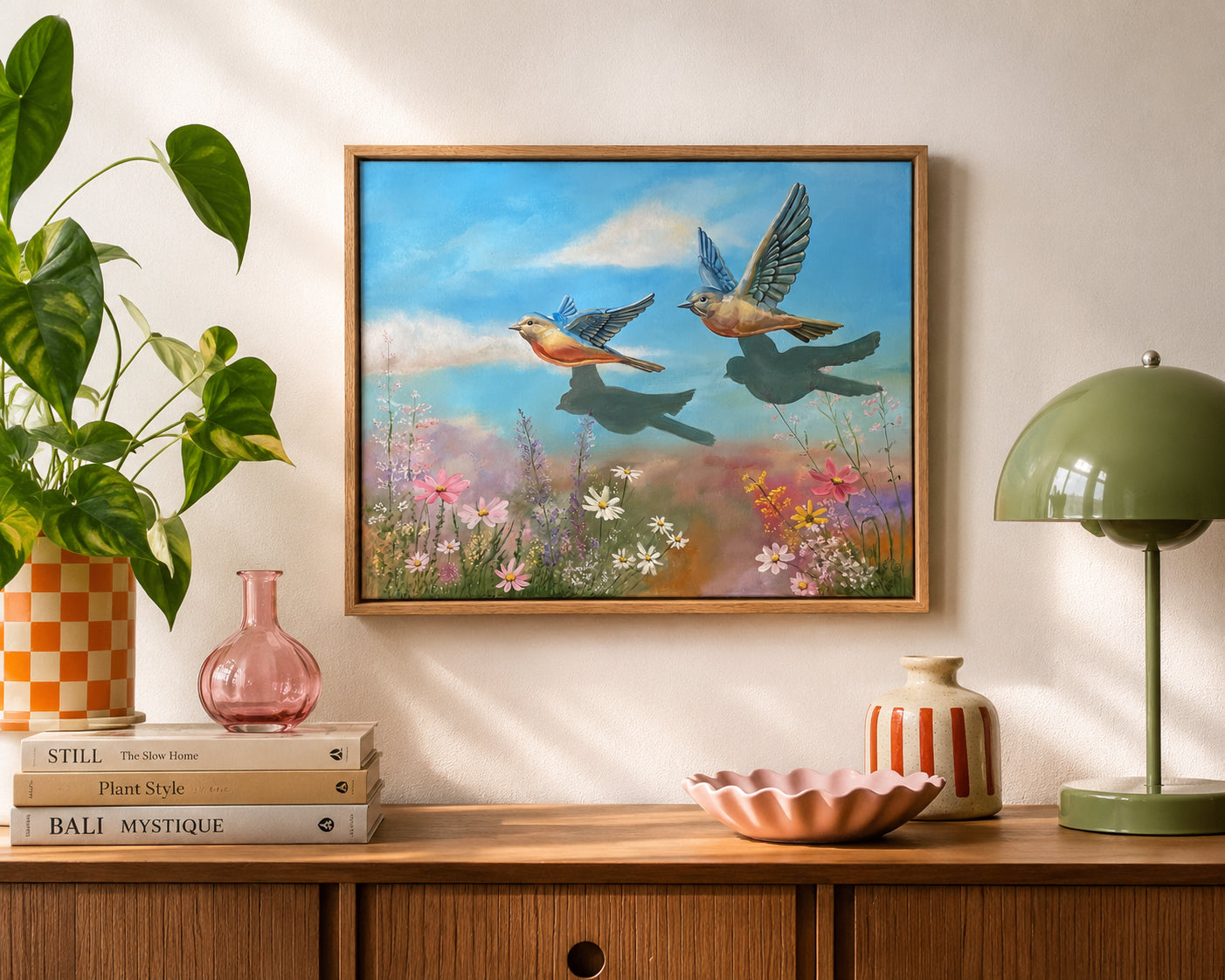 A framed art print depicting two flying birds over a colorful field of wildflowers, styled on a wooden console table with a green lamp, a pink vase, books, and a potted plant.