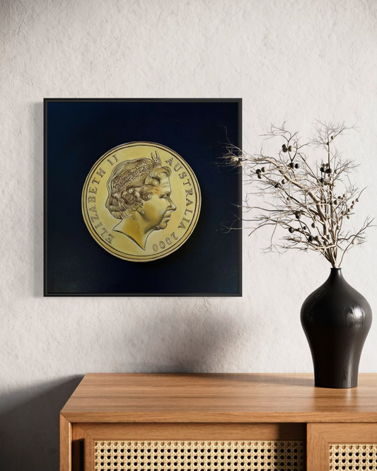 Realistic pop art painting of an Australian year 2000 $1 coin error called a Mule by Australian artist Leonie McIntosh 