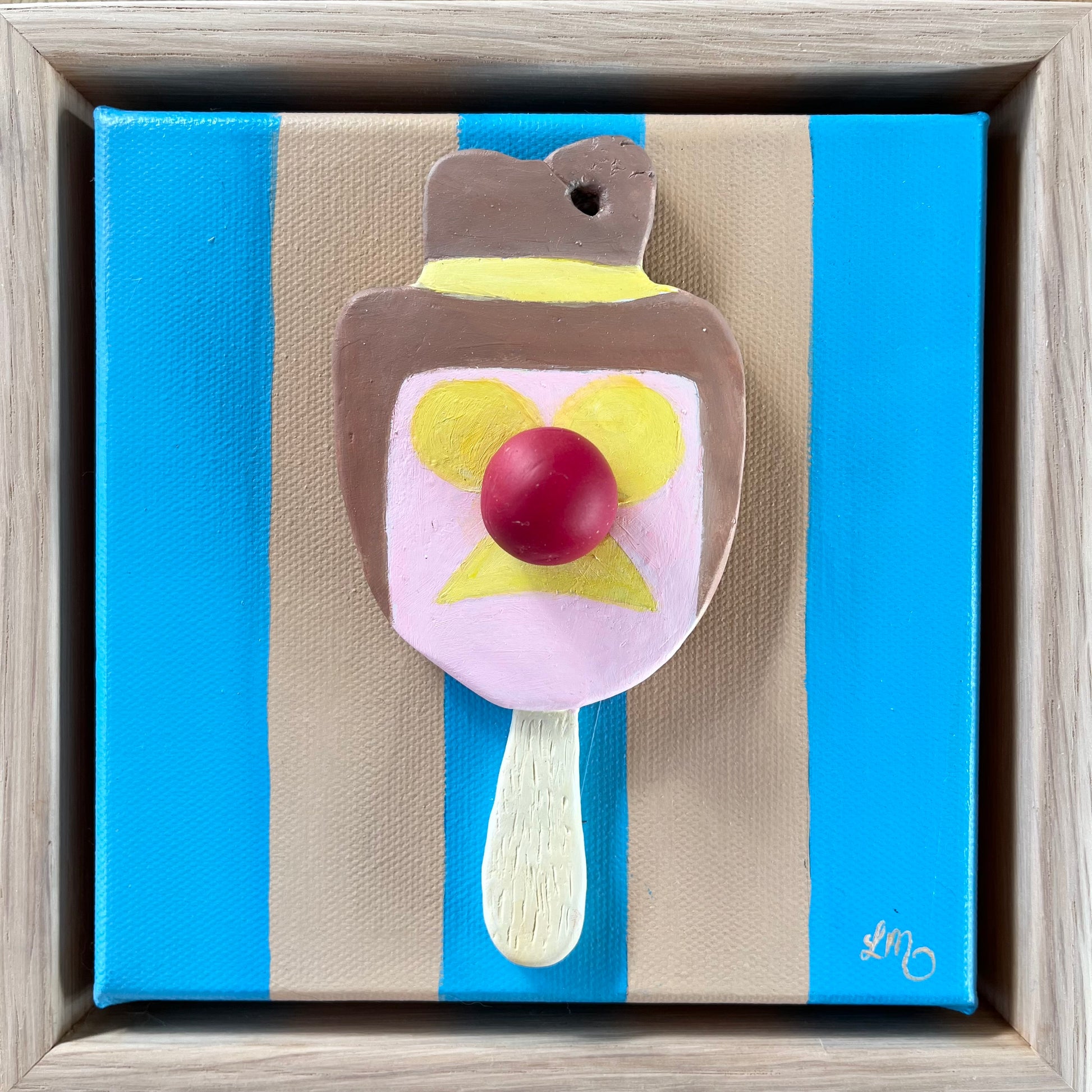 Painting of a bubble o bill ice cream on a striped background with a wooden frame