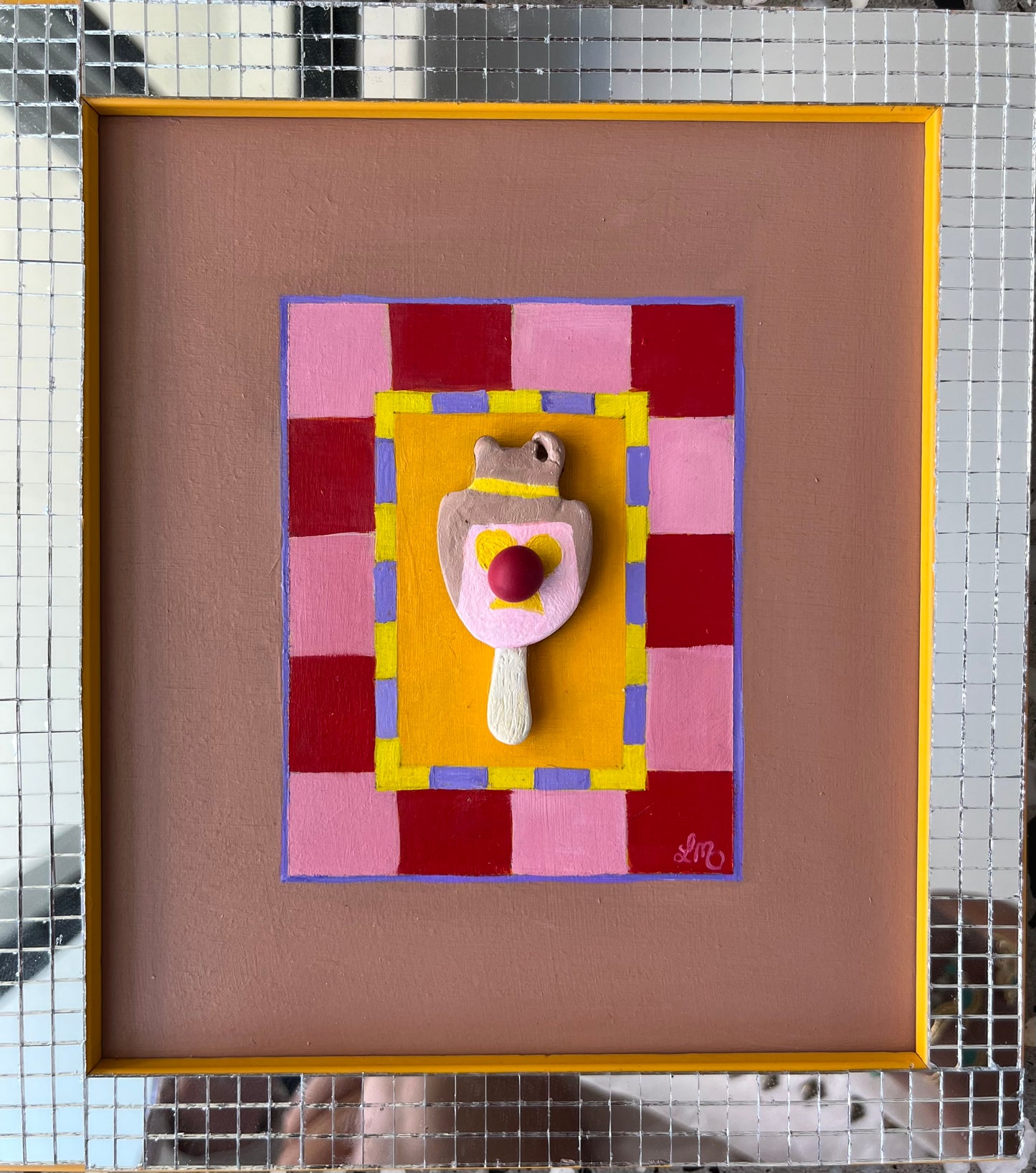 Framed artwork of a 3D bubble o bill icecream with a colorful abstract design on a checkered background