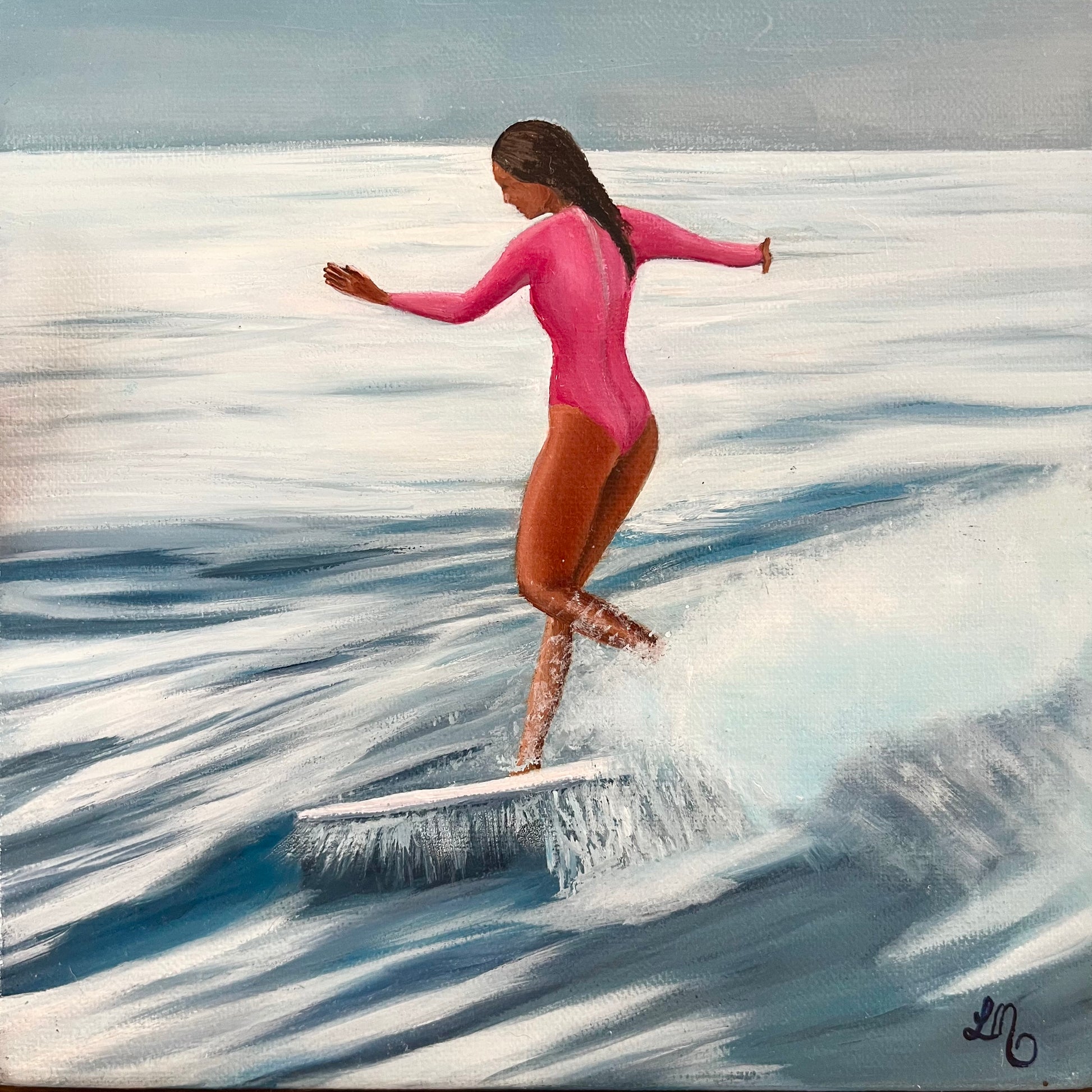 Painting of a woman in pink surfing on a wave
