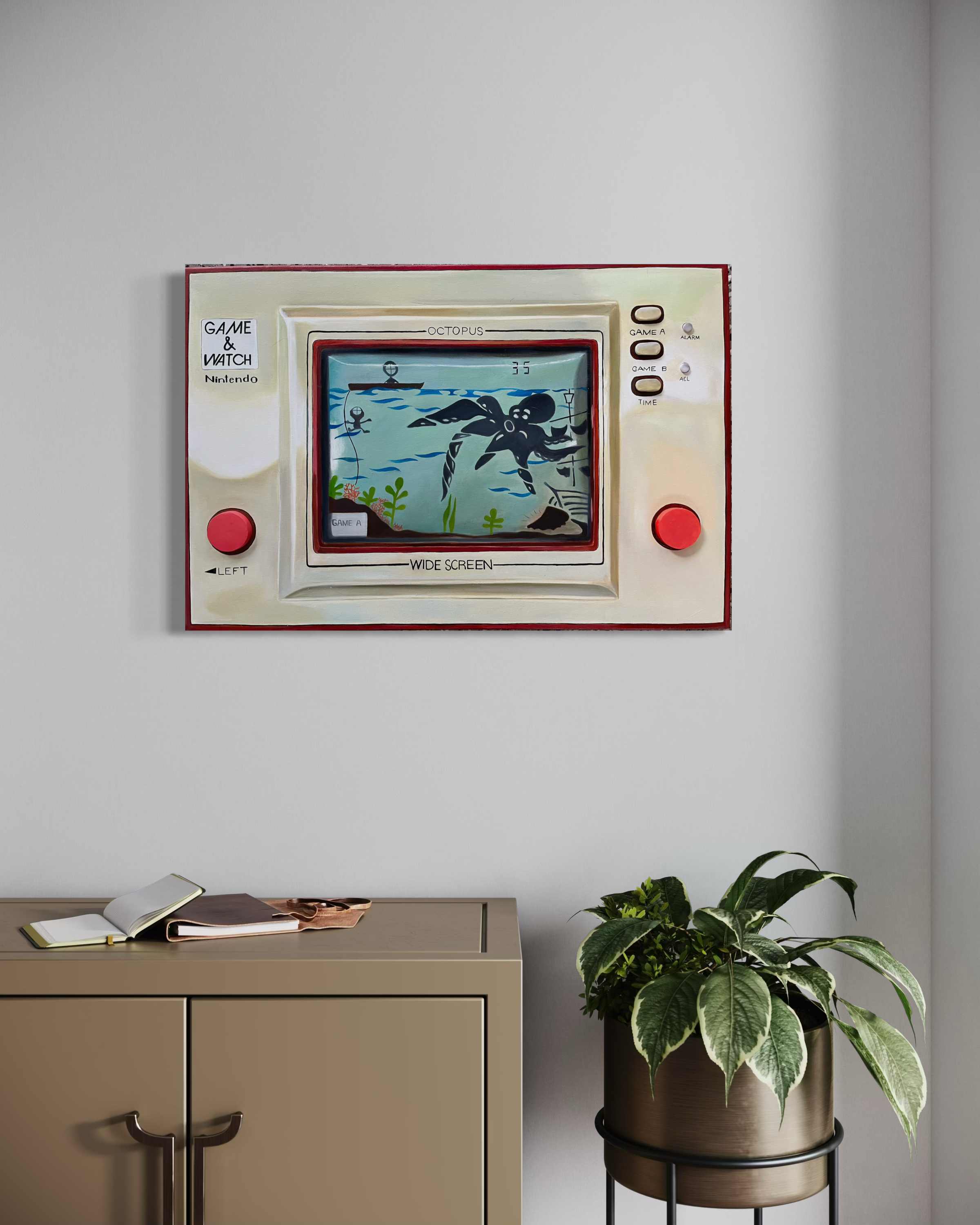 Vintage-style video game console mounted on a wall with a plant and cabinet below.