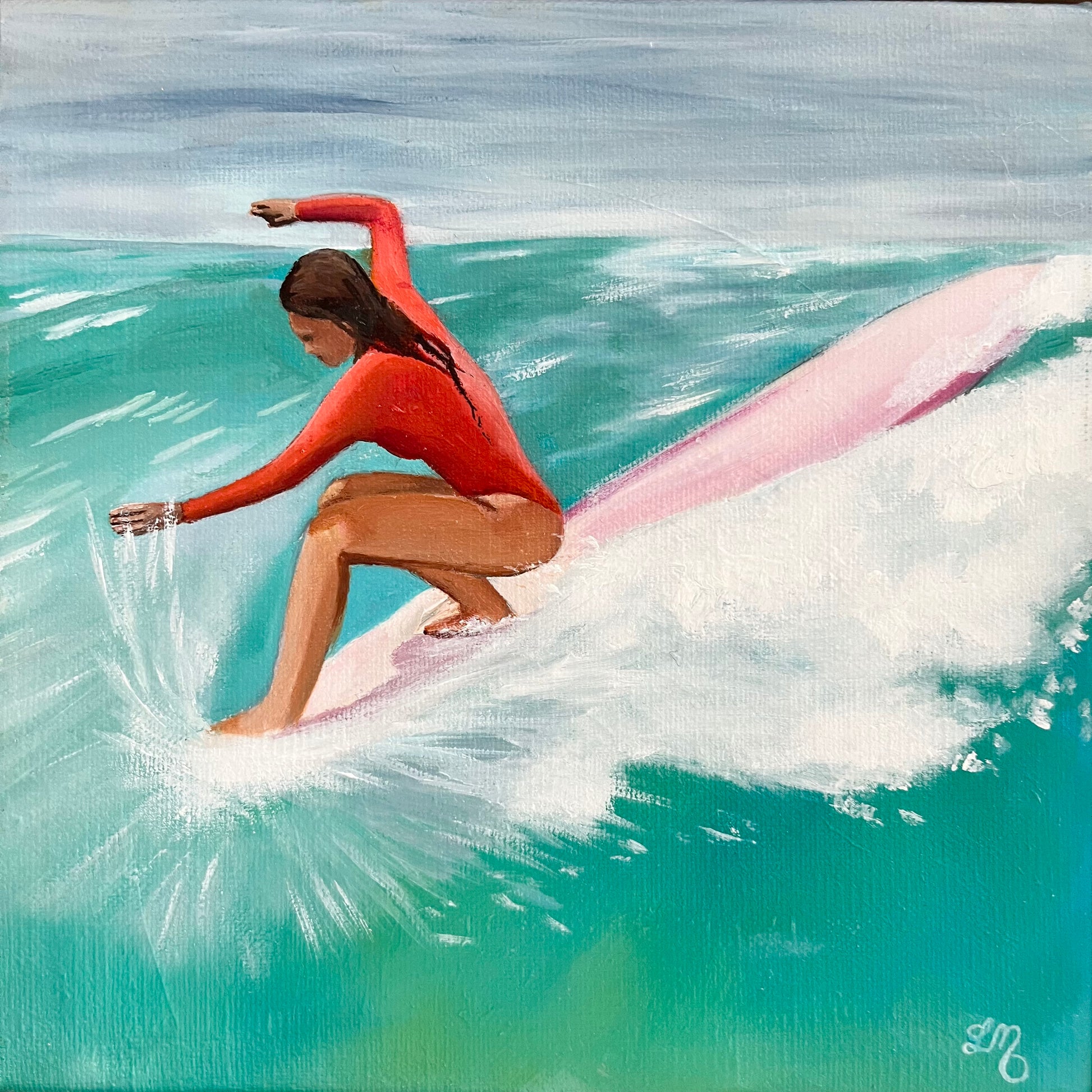 Painting of a woman surfing on a wave on a longboard