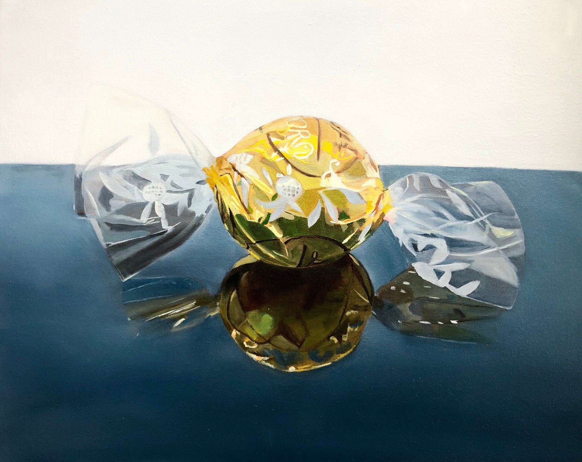 Realistic pop art painting of a gold-wrapped chocolate on a reflective blue surface